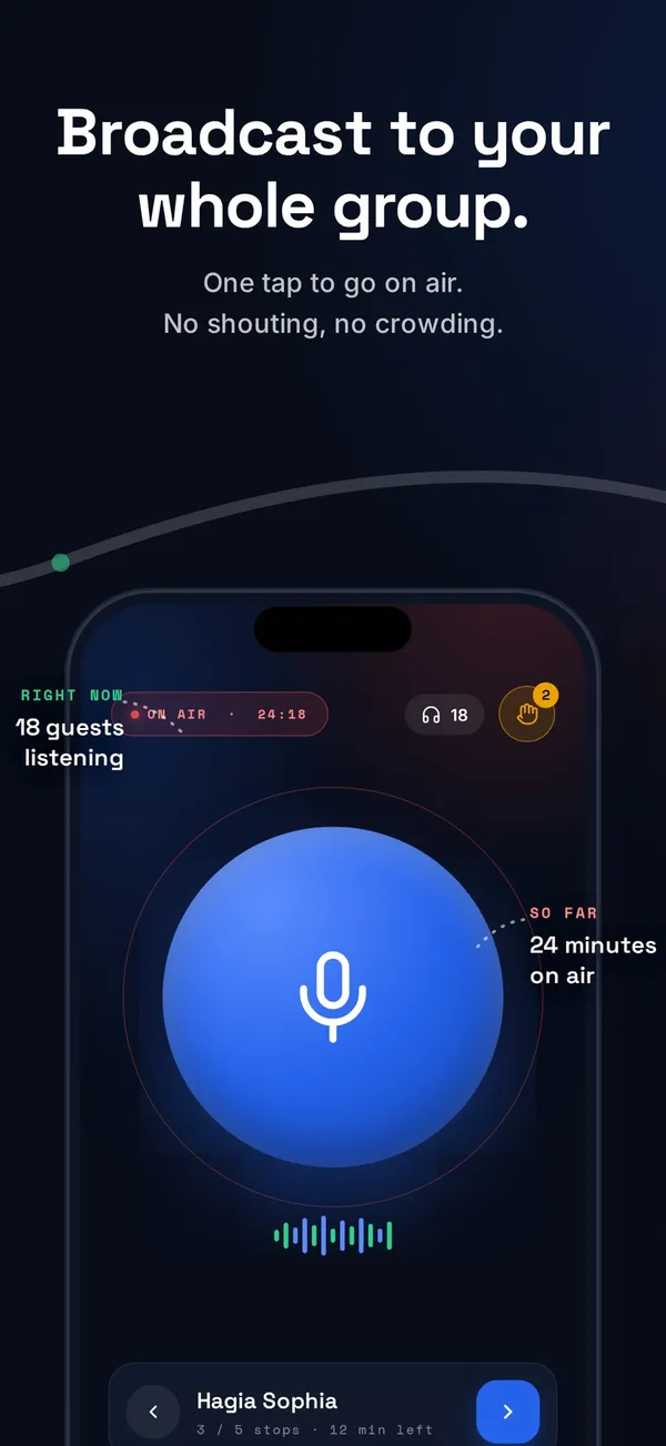The broadcast screen with the microphone button, on-air timer and listener count.