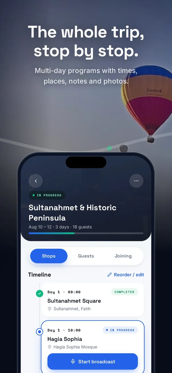 The itinerary screen listing tour stops with times.