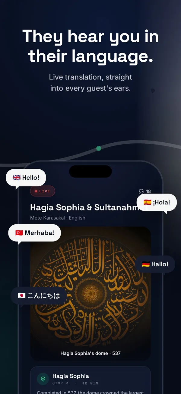 The live translation screen with a guest choosing a listening language.