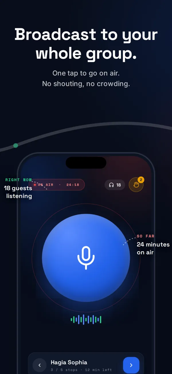 The guide app broadcast screen with the microphone button, on-air timer and listener count.