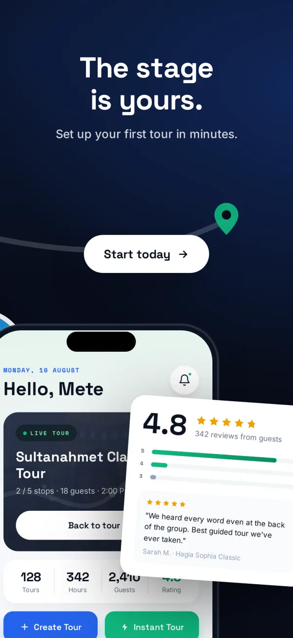 Startskærmen: Opsæt din første tur på få minutter.