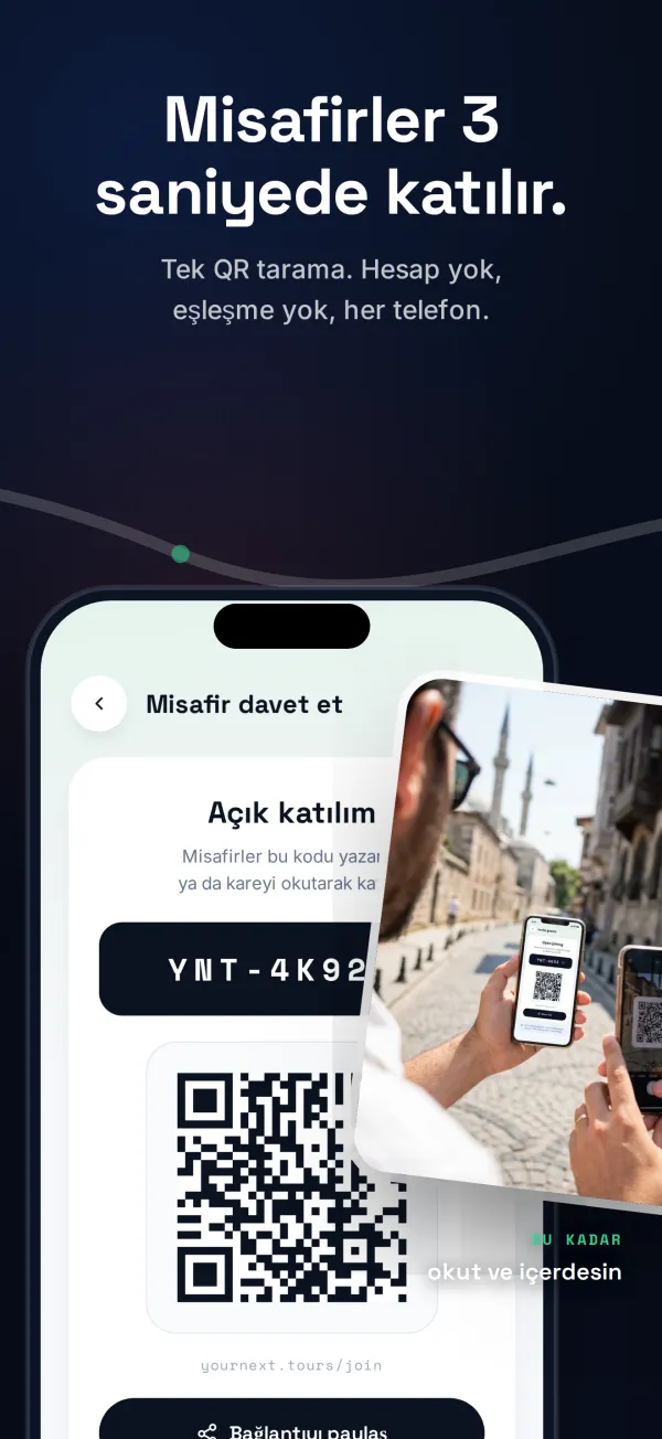 Misafirlerin tura katılmak için okuttuğu QR kodun bulunduğu katılım ekranı.