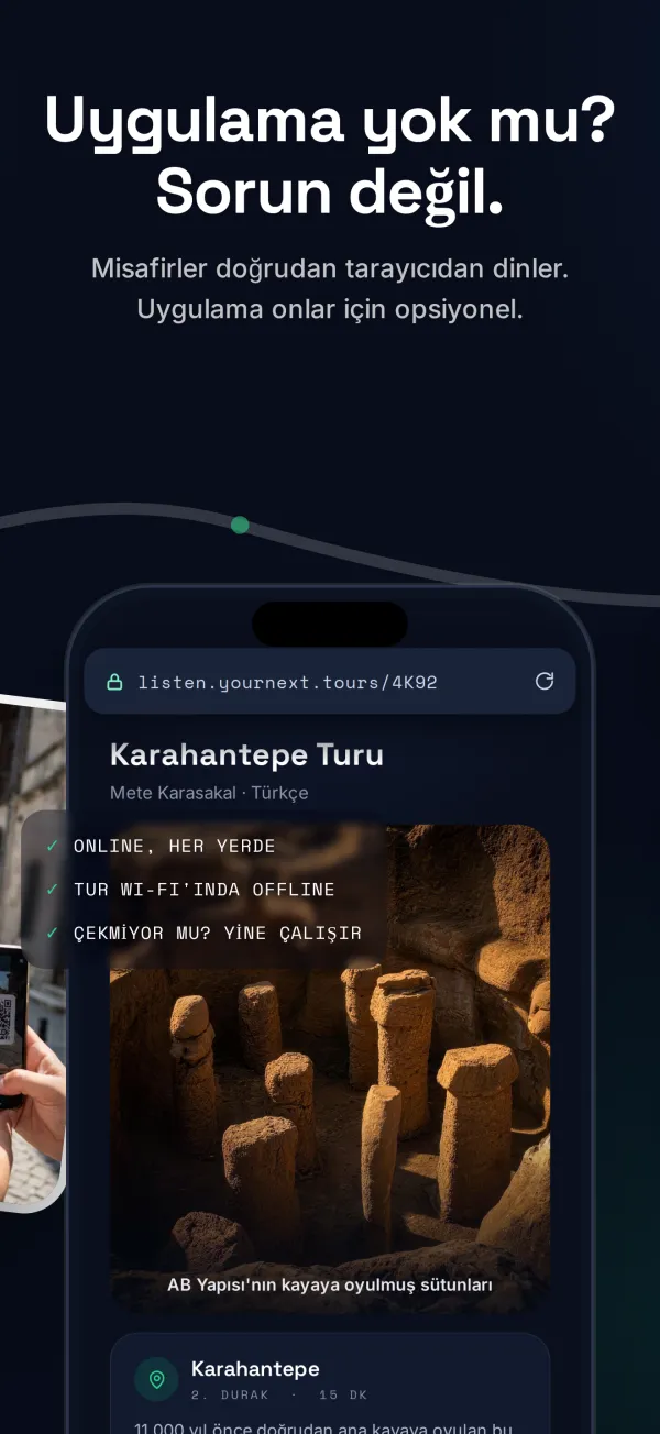 Bir misafirin telefonunda tarayıcıda açılmış dinleme sayfası.