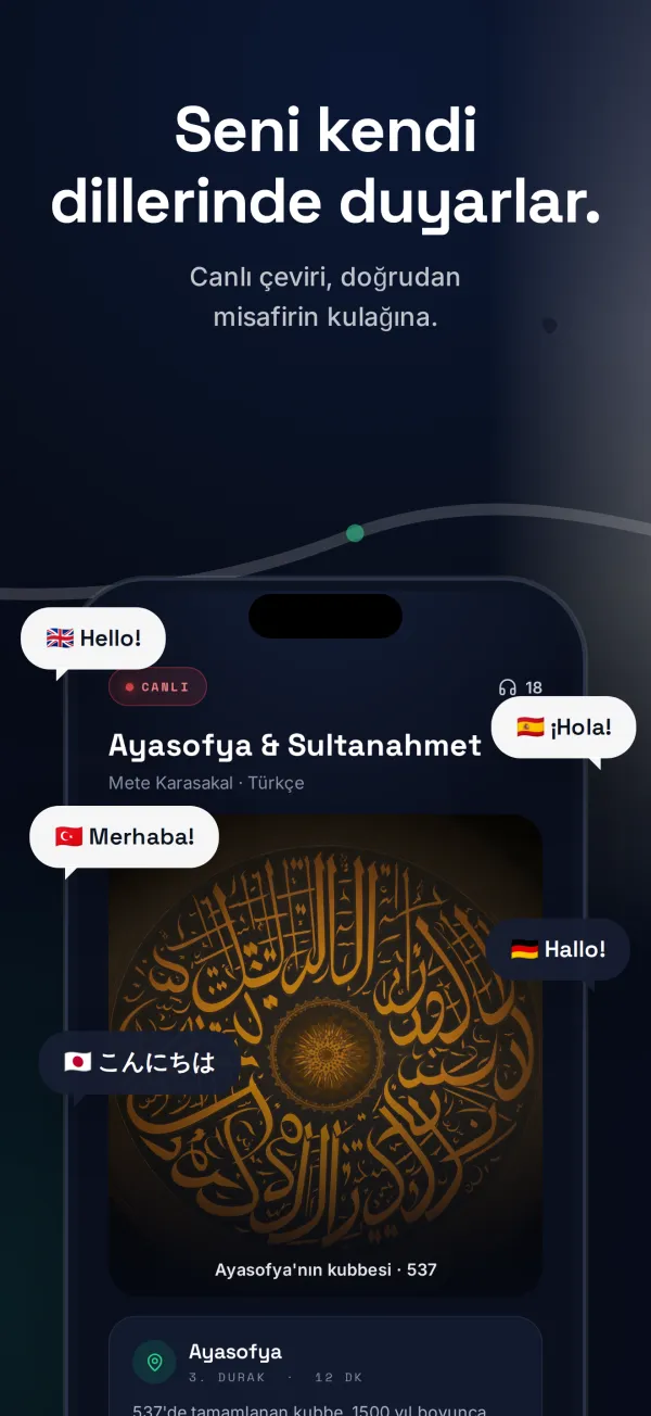 Canlı çeviri ekranı: konuklar turu kendi dilinde duyar.