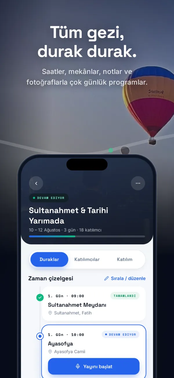 Geziyi durak durak listeleyen program ekranı.