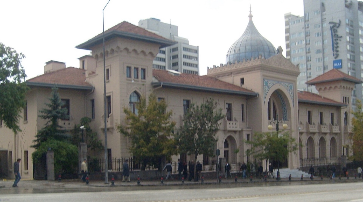 Ankara Palas seen from the street, with its corner towers, the domed central entrance bay and arched ground-floor windows