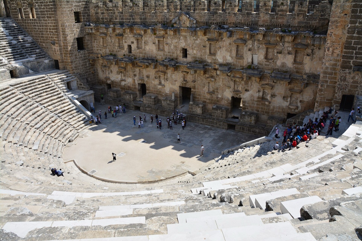 The cavea and stage building of the Aspendos theatre seen from inside