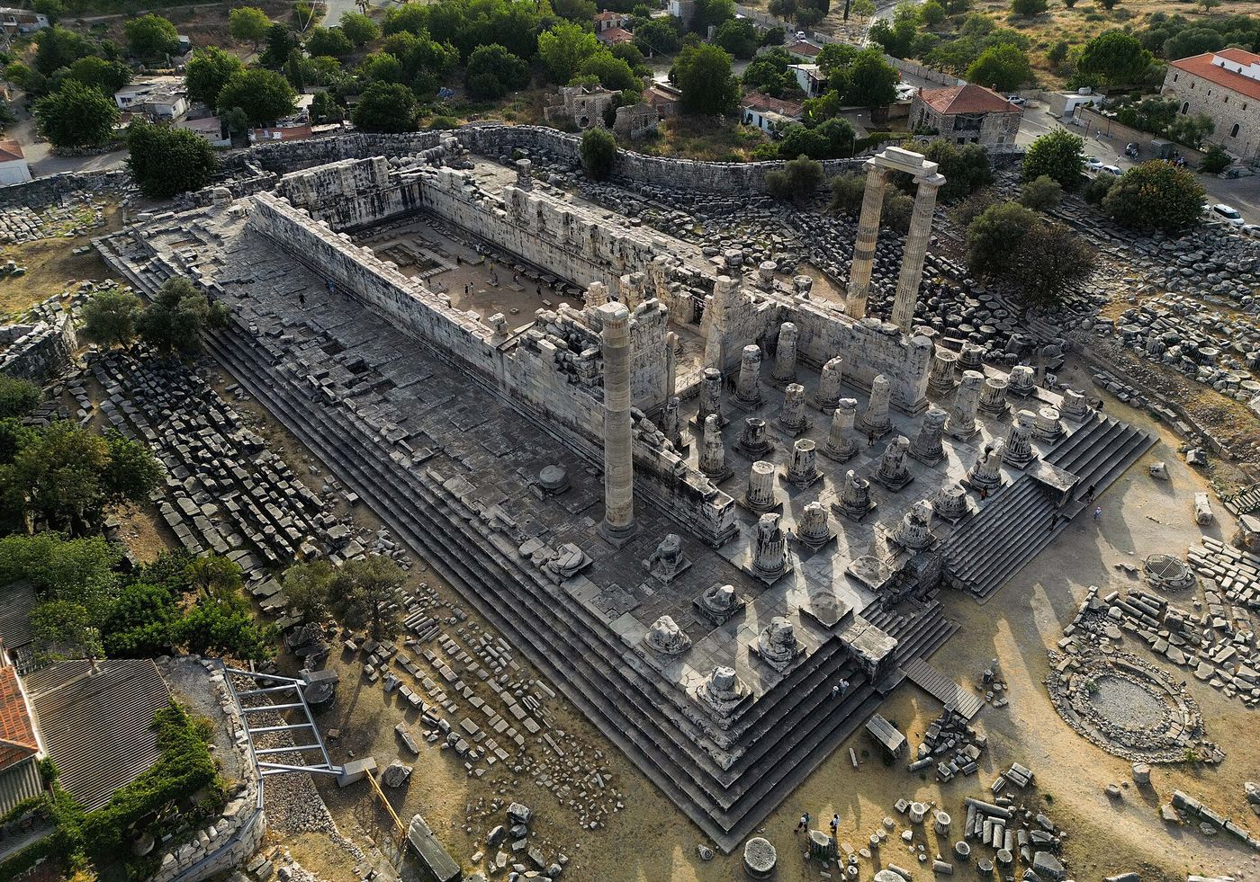 Aerial view of the Temple of Apollo at Didyma, its two standing columns and the surrounding town