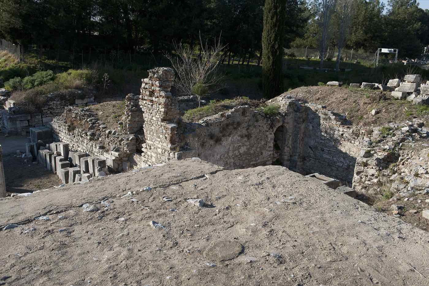 The Great Theatre of Ephesus seen from the stage, its seating rising up the hillside