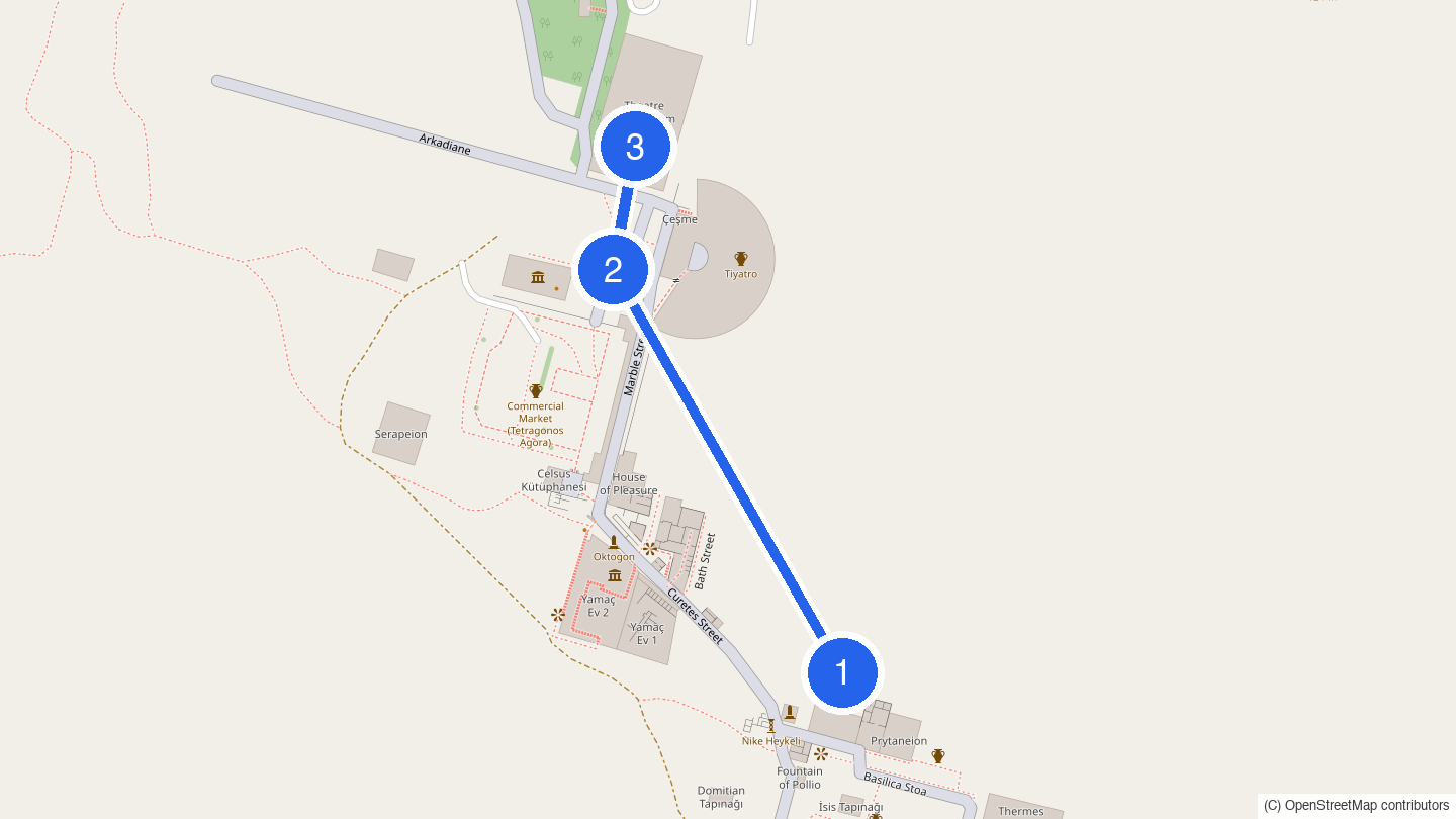 Walking order: Upper Gate and the Odeon - Curetes Street and the Library of Celsus - Great Theatre and Harbour Street