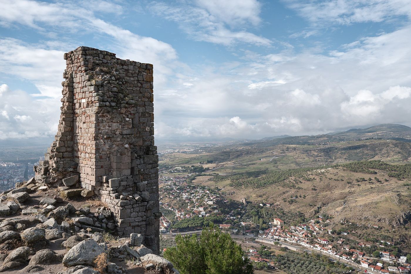 A tower on the Pergamon acropolis with the Bakırçay plain opening out below