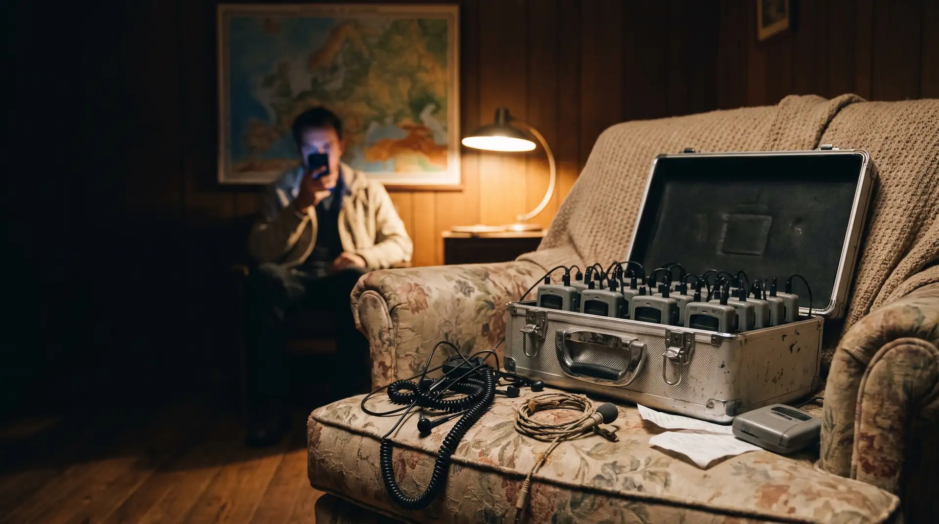 An old aluminium case of tour guide receivers and coiled earphones resting on a worn armchair in a dim room, while a person in the background uses a smartphone.