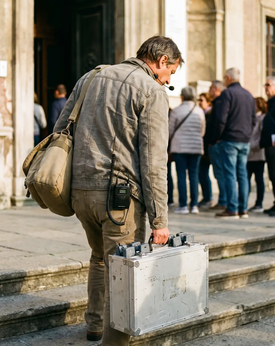 A tour guide climbing museum steps with a heavy aluminium case of receivers in hand, a padded bag on the shoulder and a transmitter on the belt.
