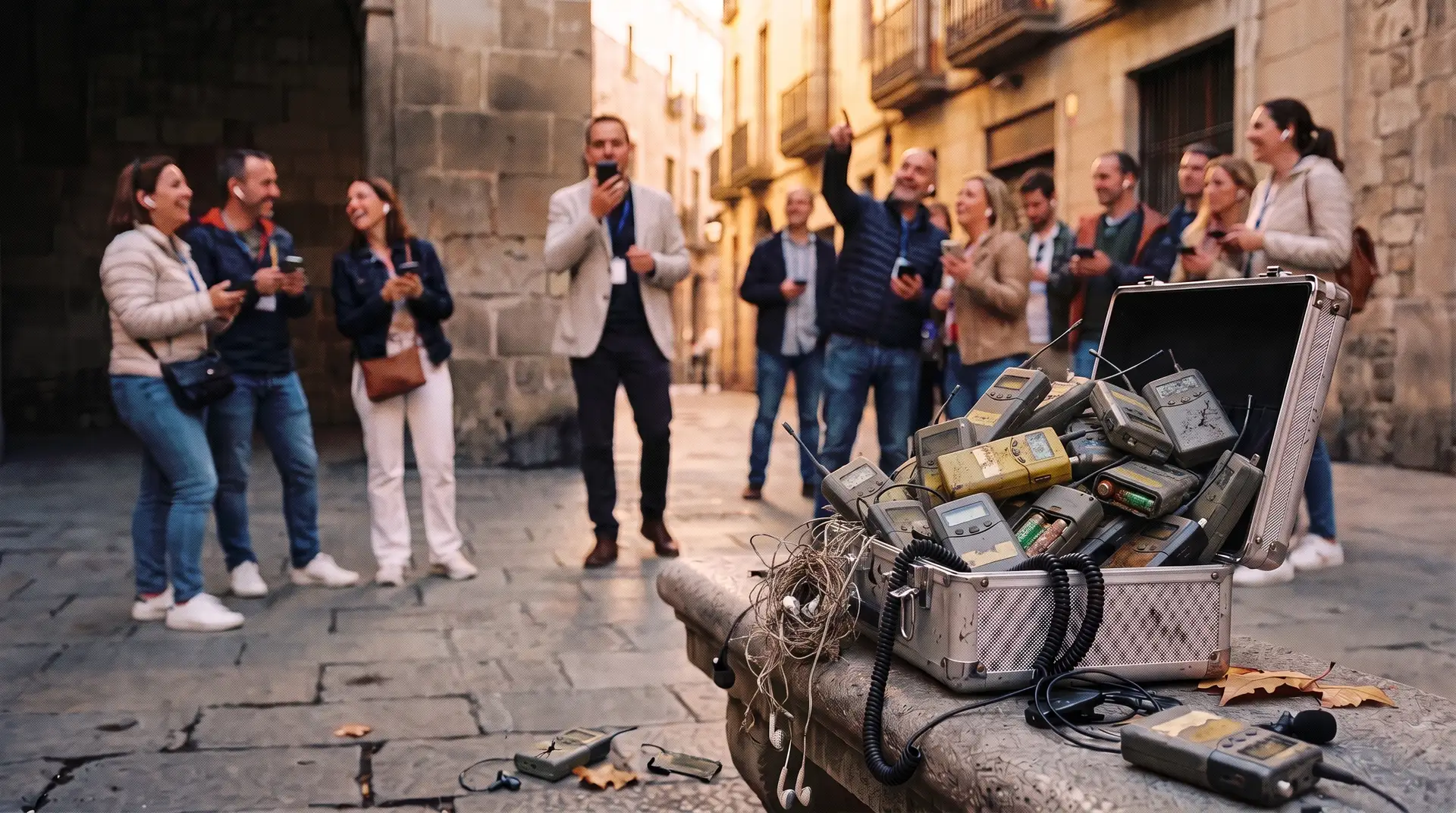 A case of worn-out tour guide receivers and tangled earphones left on a stone bench while the tour group carries on, listening through their own phones and wireless earbuds.