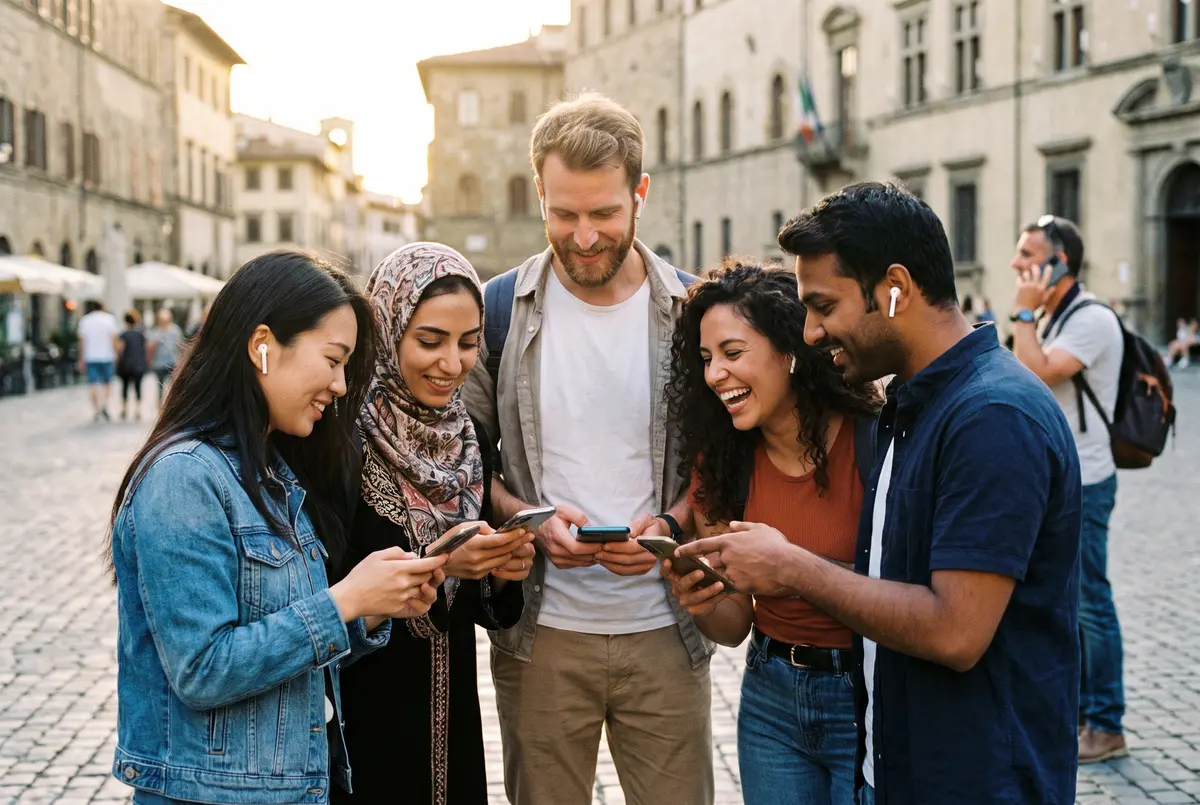 An international tour group in a sunny square, each person wearing wireless earbuds and holding a phone, smiling as they listen.