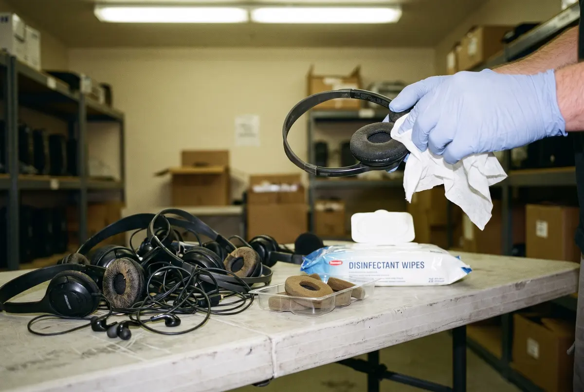 Used on-ear headphones with worn, discoloured foam cushions piled on a storeroom table while a gloved hand wipes one down.